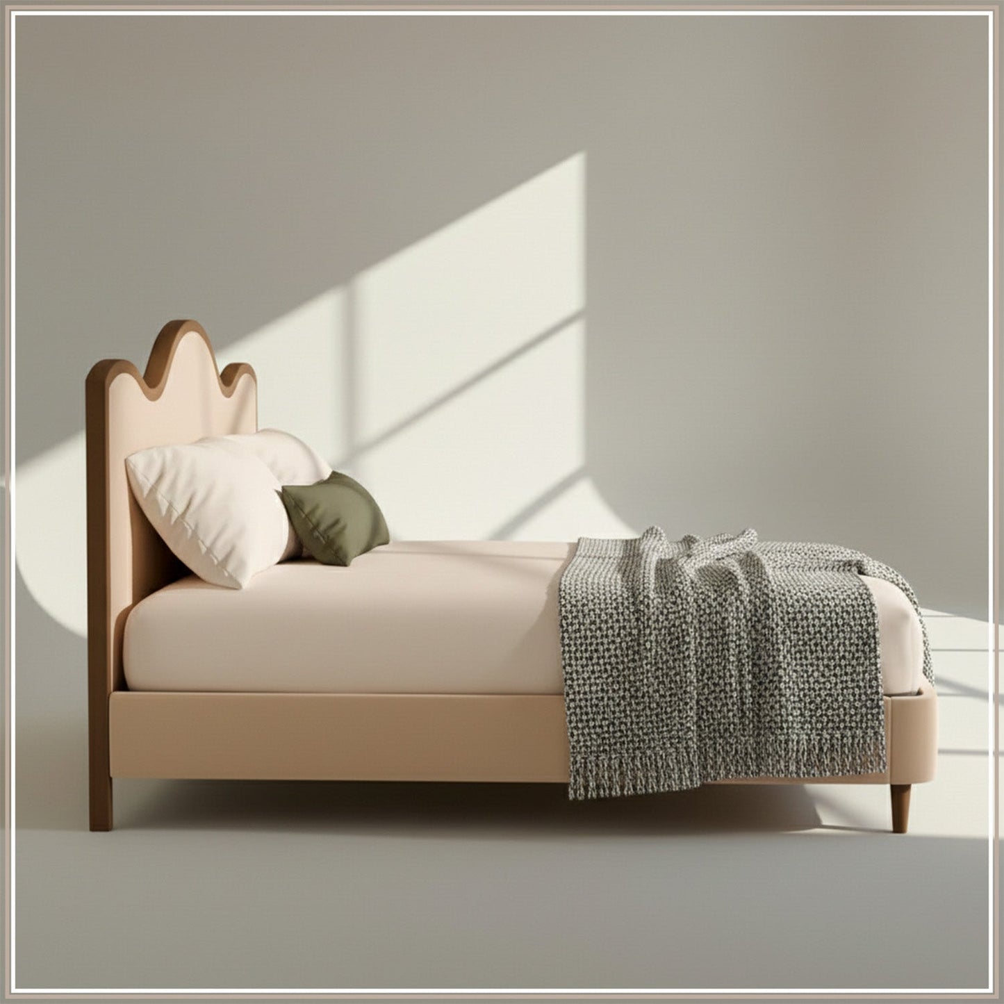 Solara Wave Luxe Queen Size Bed in Off White Velvet with Oak wood Frame & Hydraulic Storage