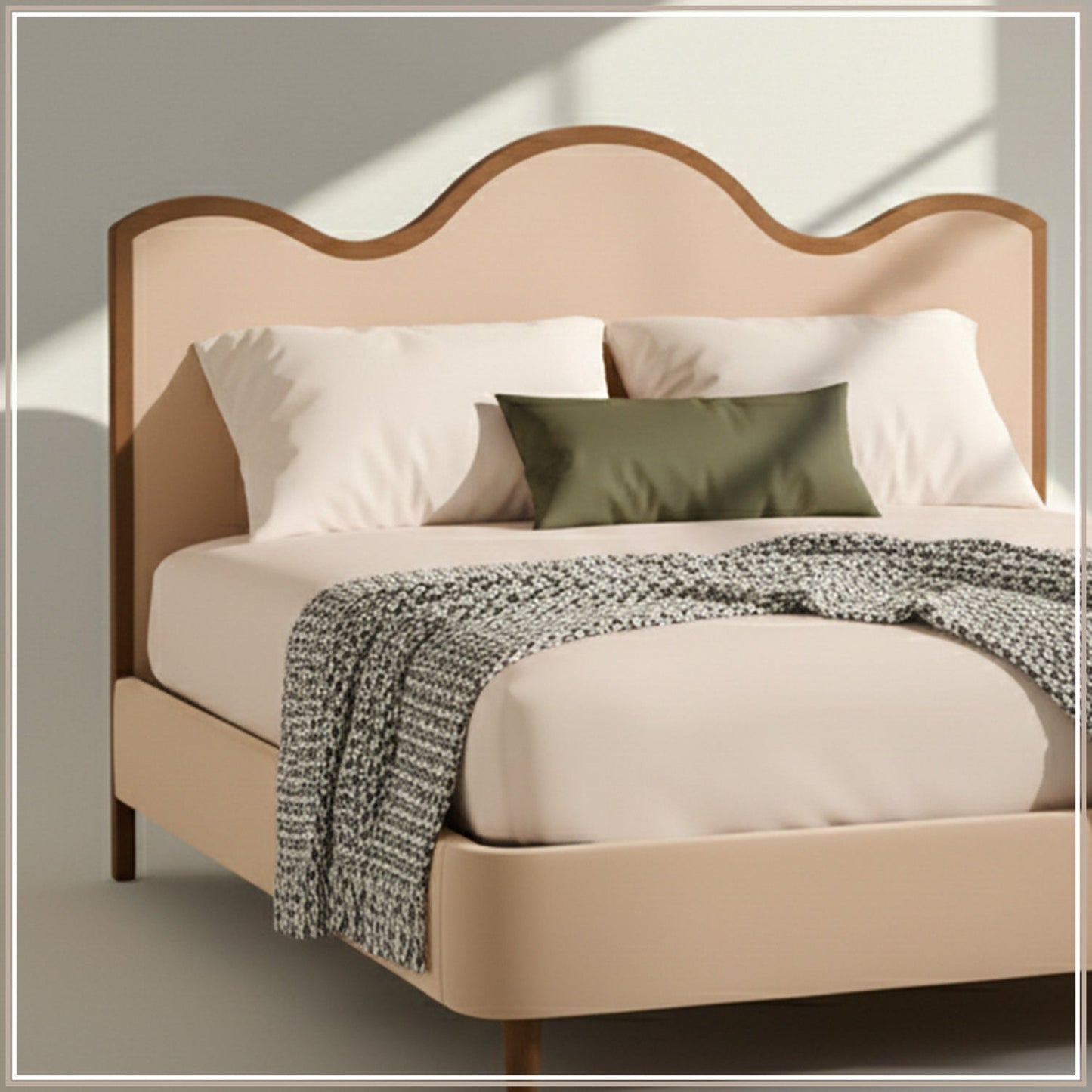 Solara Wave Luxe Queen Size Bed in Off White Velvet with Oak wood Frame & Hydraulic Storage