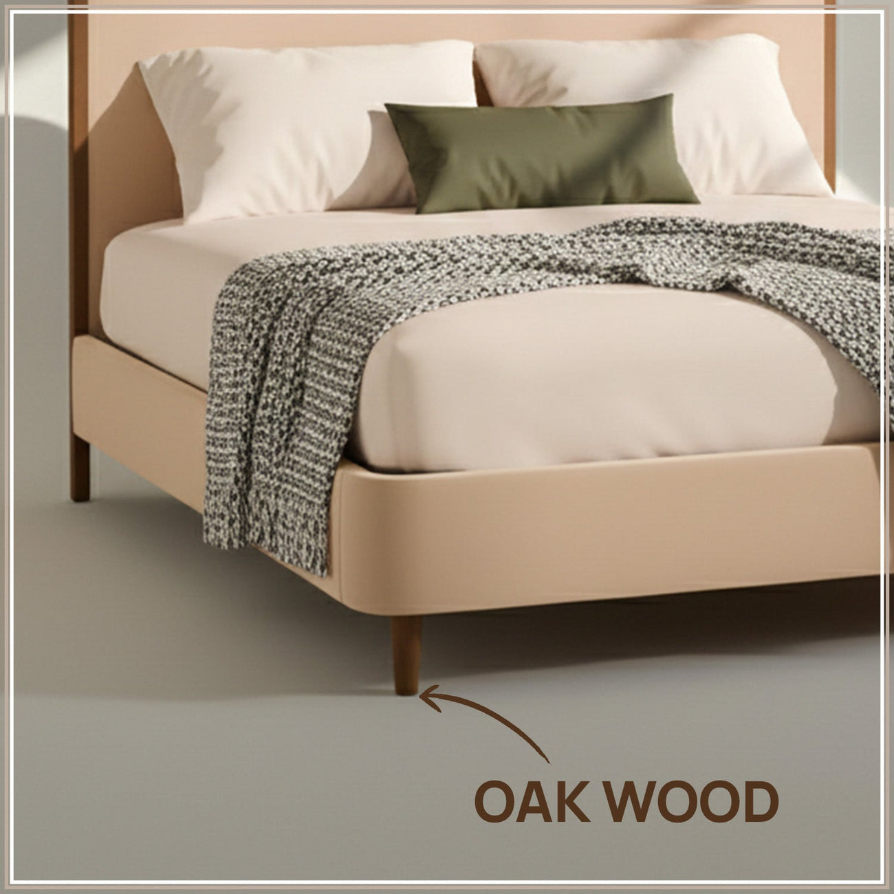 Solara Wave Luxe Queen Size Bed in Off White Velvet with Oak wood Frame & Hydraulic Storage