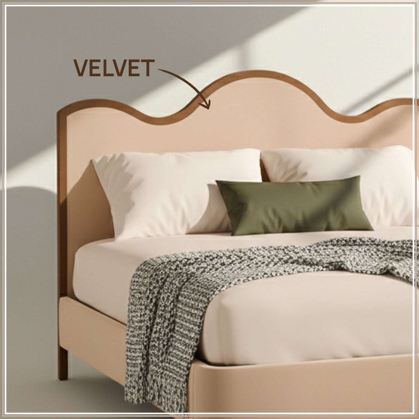 Solara Wave Luxe Queen Size Bed in Off White Velvet with Oak wood Frame & Hydraulic Storage