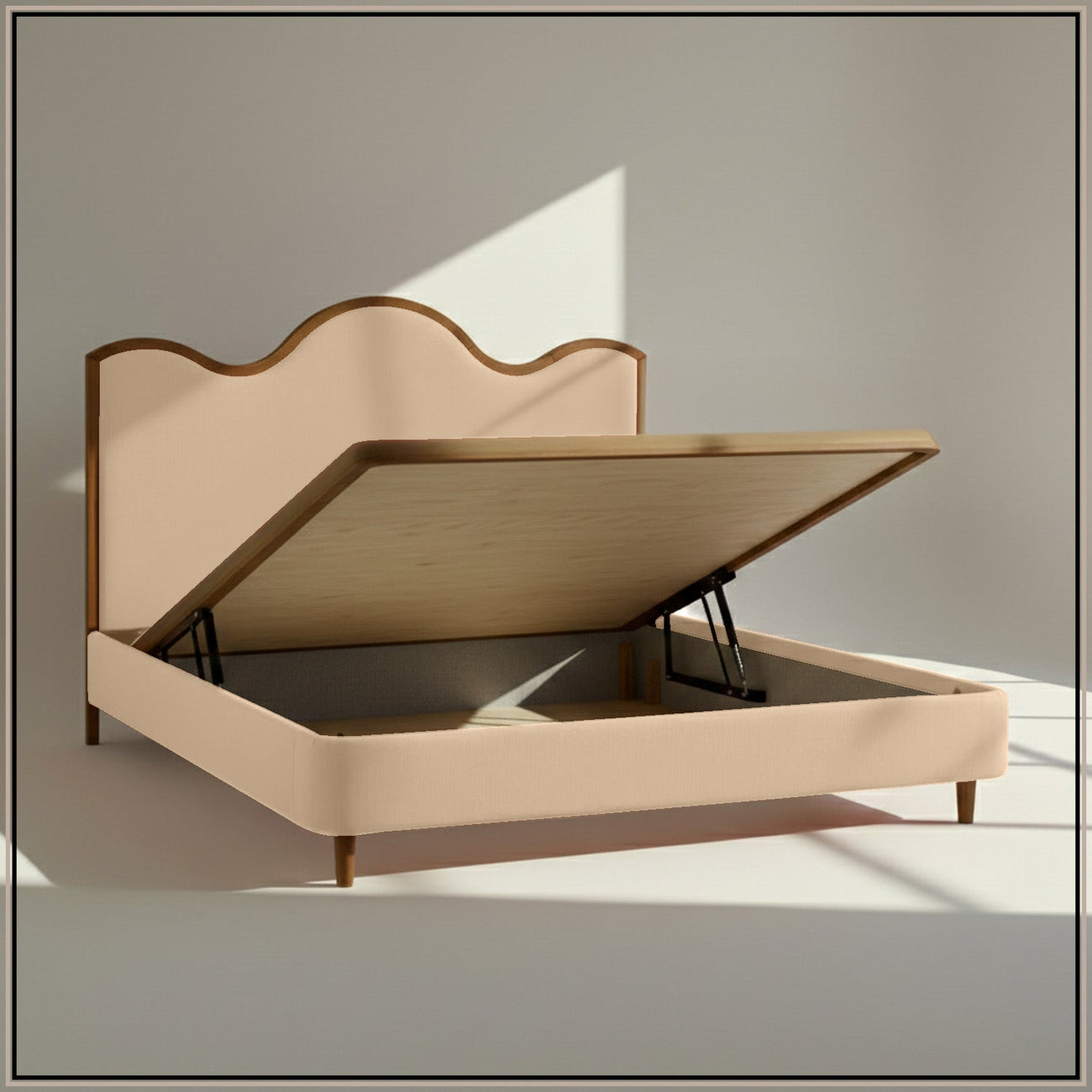 Solara Wave Luxe Queen Size Bed in Off White Velvet with Oak wood Frame & Hydraulic Storage