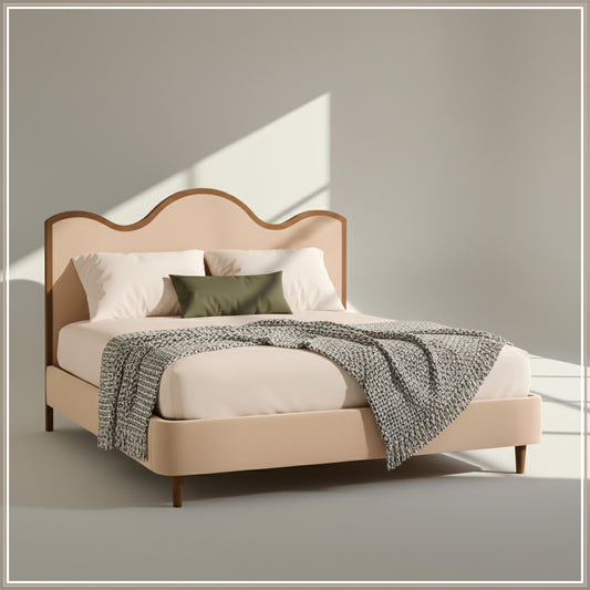Solara Wave Luxe Queen Size Bed in Off White Velvet with Oak wood Frame & Hydraulic Storage