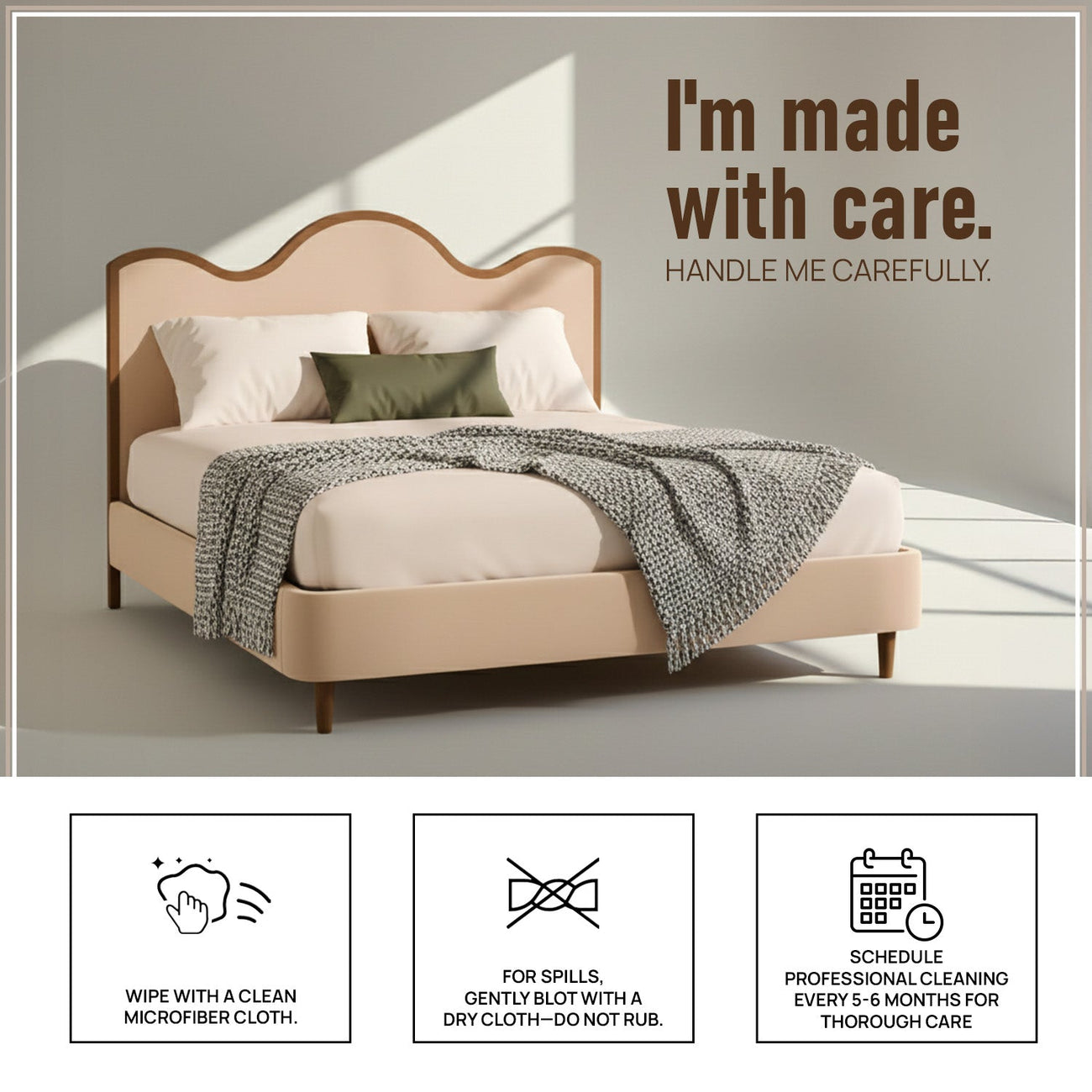 Solara Wave Luxe Queen Size Bed in Off White Velvet with Oak wood Frame & Hydraulic Storage