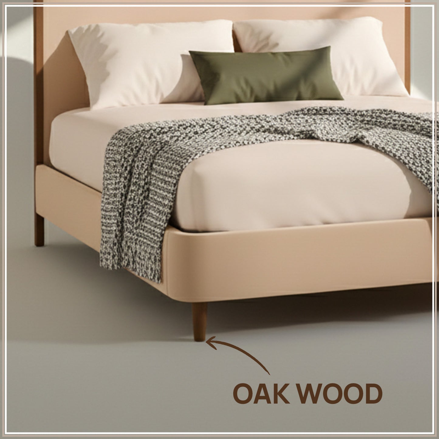 Solara Wave Luxe King Size Bed in Off White Velvet with Oak wood Frame & Hydraulic Storage