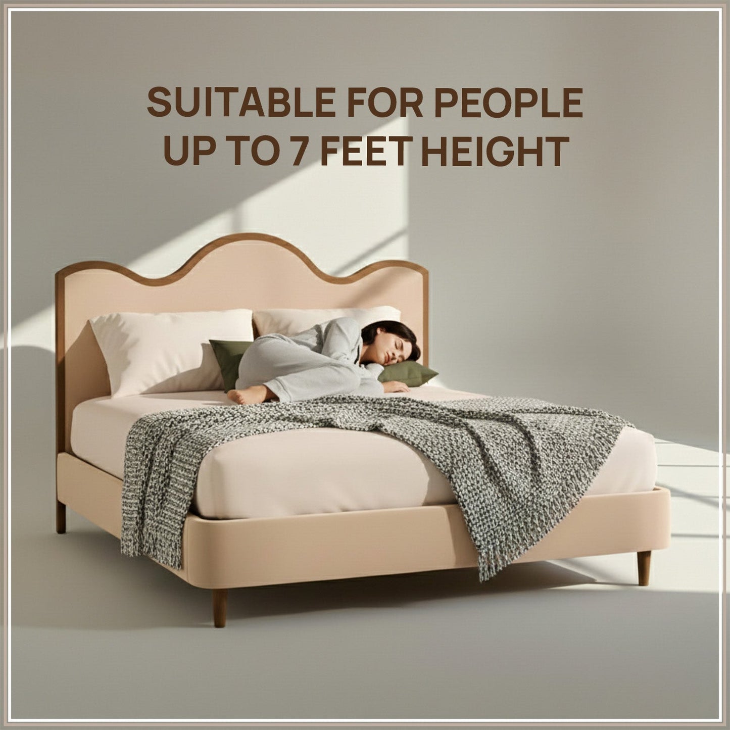 Solara Wave Luxe King Size Bed in Off White Velvet with Oak wood Frame & Hydraulic Storage