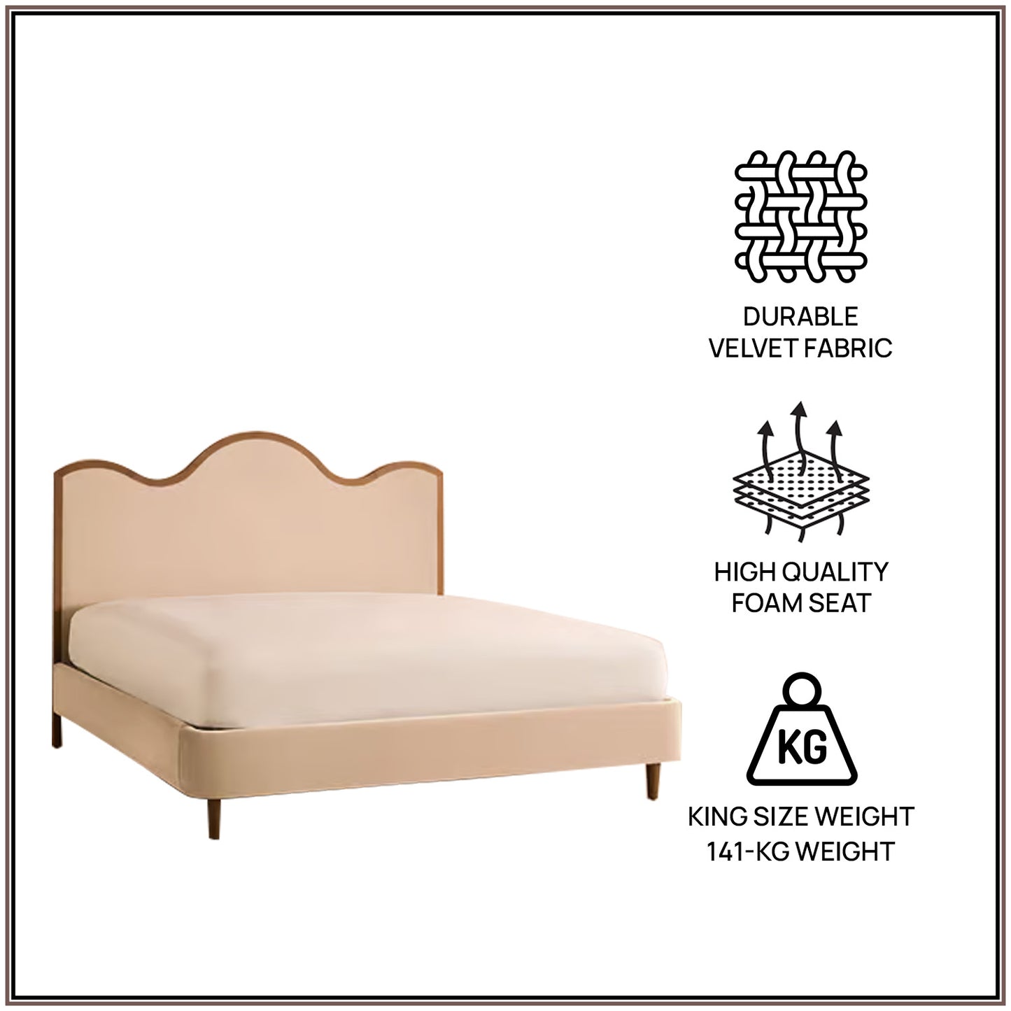 Solara Wave Luxe King Size Bed in Off White Velvet with Oak wood Frame & Hydraulic Storage