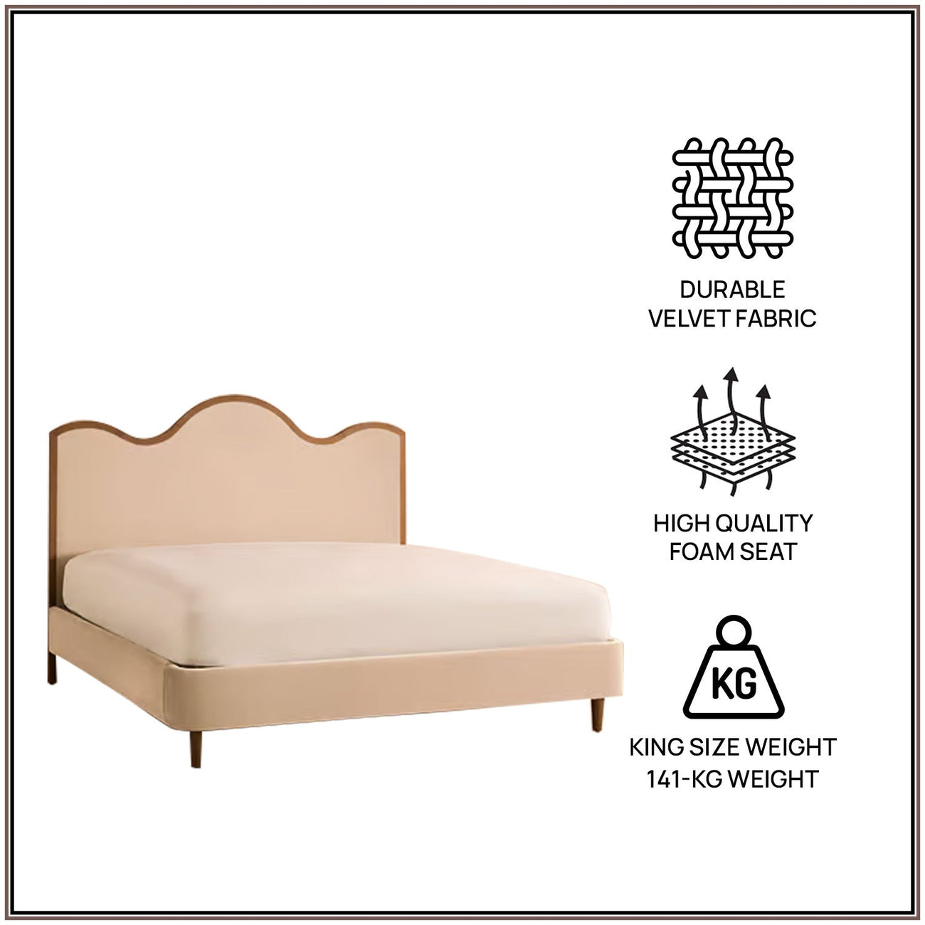 Solara Wave Luxe King Size Bed in Off White Velvet with Oak wood Frame & Hydraulic Storage