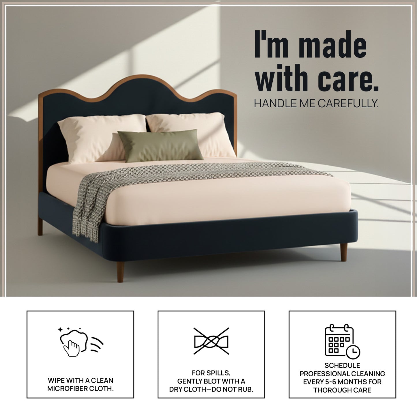 Solara Wave Luxe King Size Bed in Royal Blue Velvet with Oak wood Frame & Hydraulic Storage