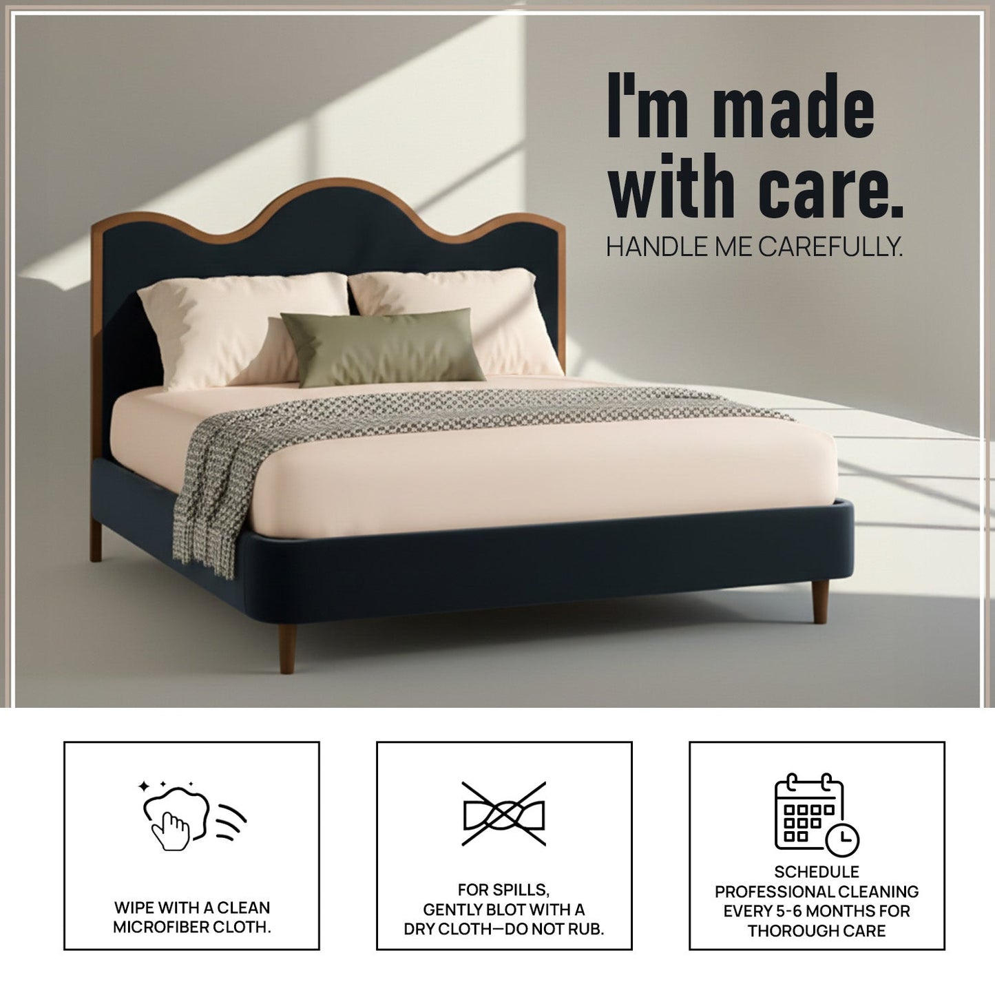 Solara Wave Luxe King Size Bed in Royal Blue Velvet with Oak wood Frame & Hydraulic Storage