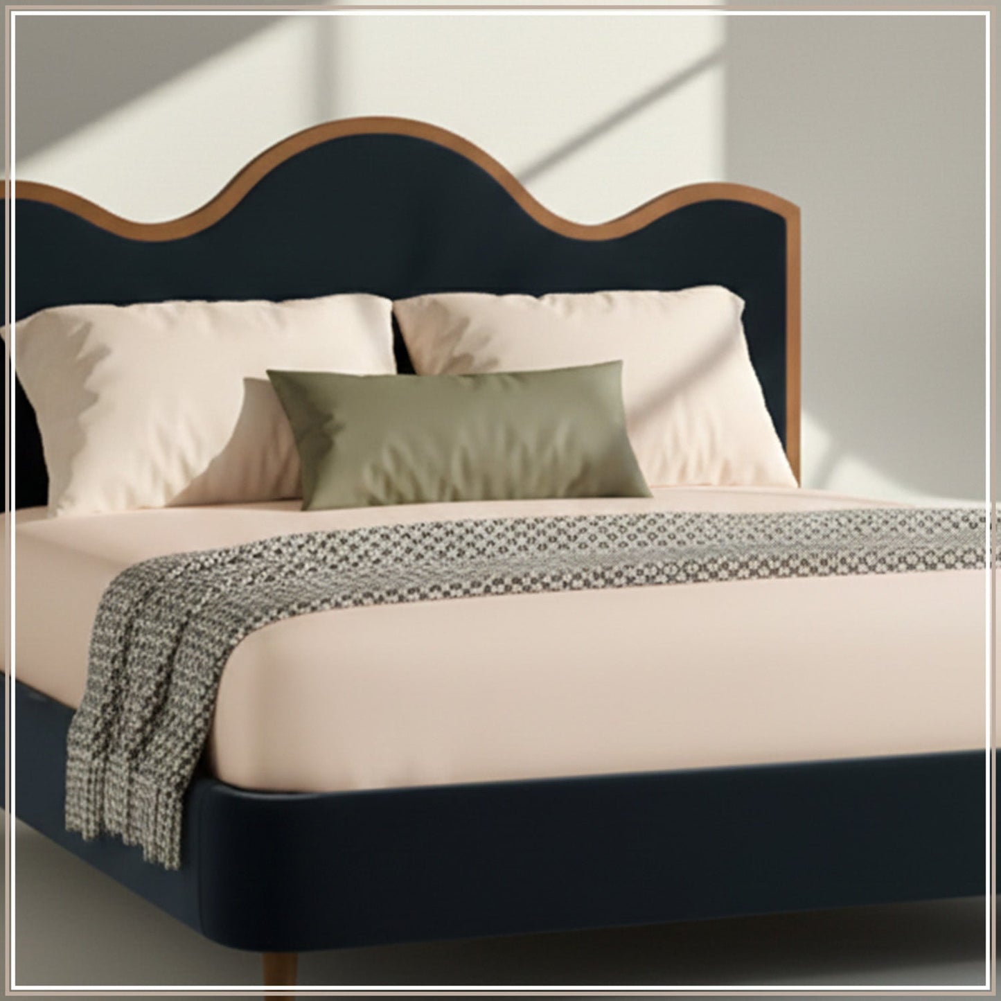 Solara Wave Luxe Queen Size Bed in Royal Blue Velvet with Oak wood Frame & Hydraulic Storage