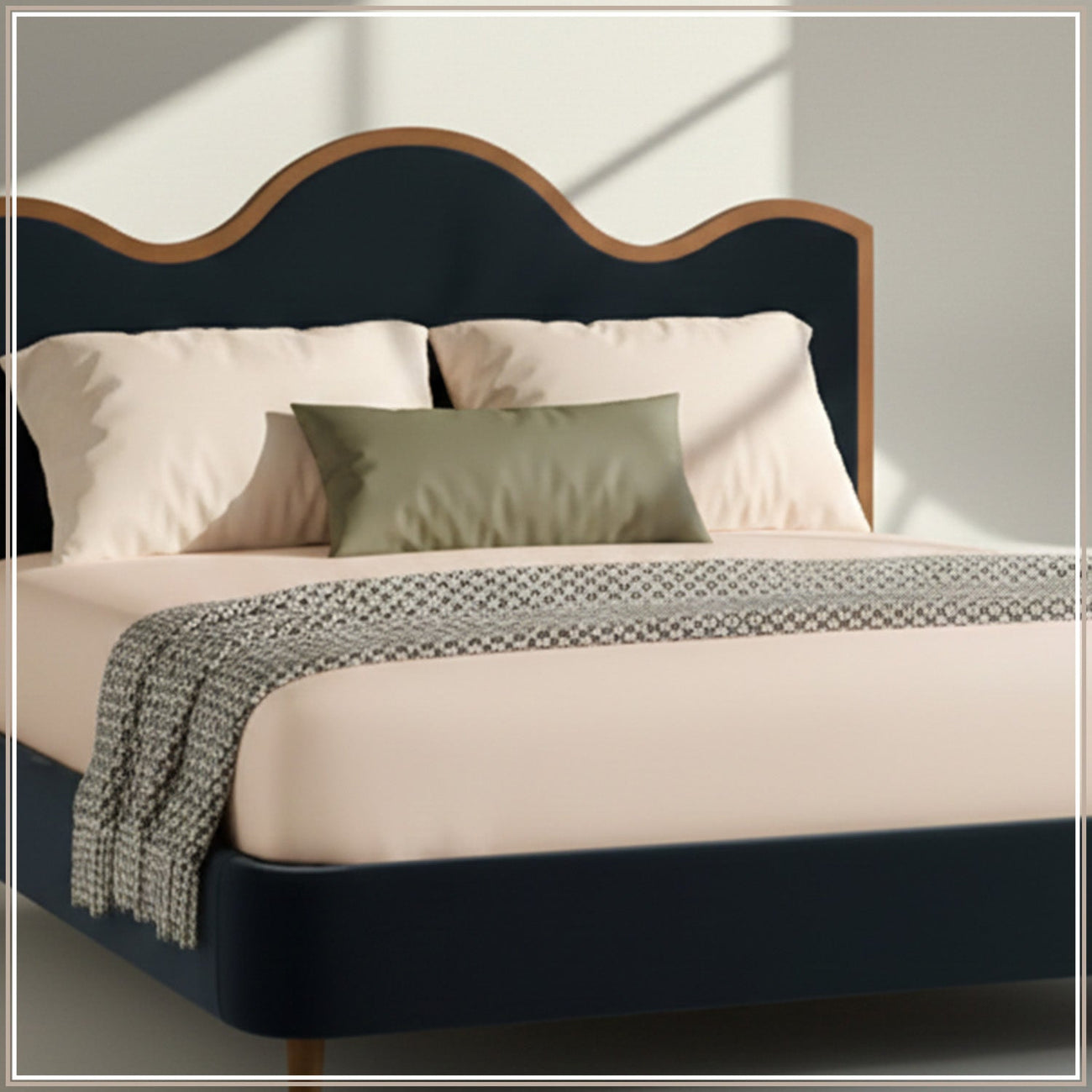 Solara Wave Luxe Queen Size Bed in Royal Blue Velvet with Oak wood Frame & Hydraulic Storage