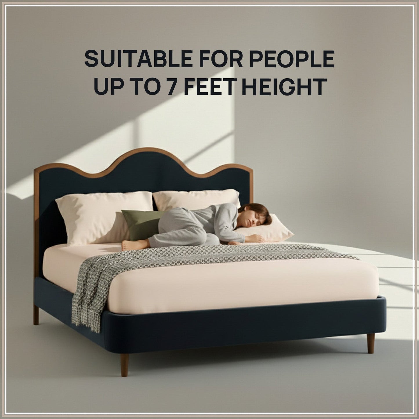 Solara Wave Luxe Queen Size Bed in Royal Blue Velvet with Oak wood Frame & Hydraulic Storage