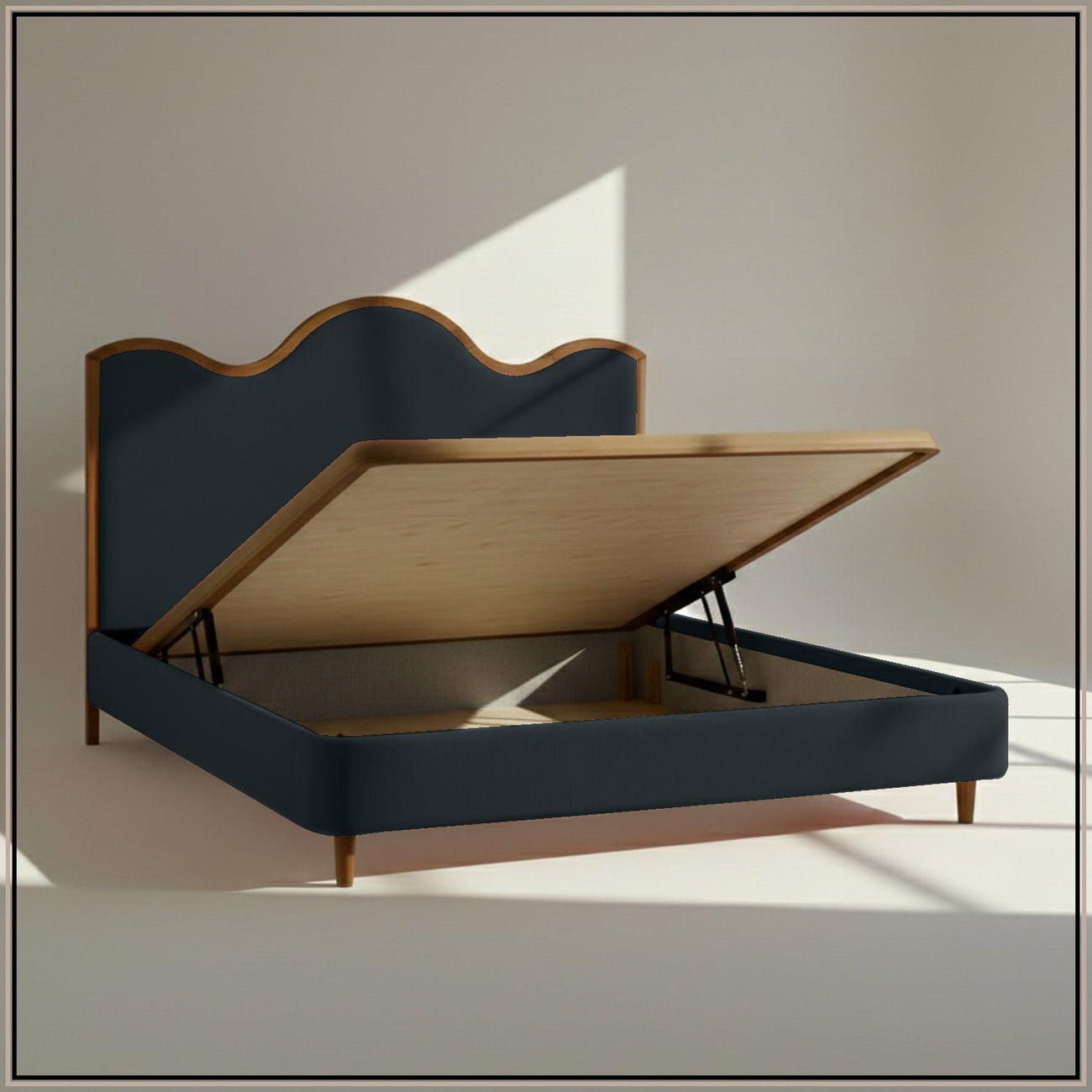 Solara Wave Luxe Queen Size Bed in Royal Blue Velvet with Oak wood Frame & Hydraulic Storage