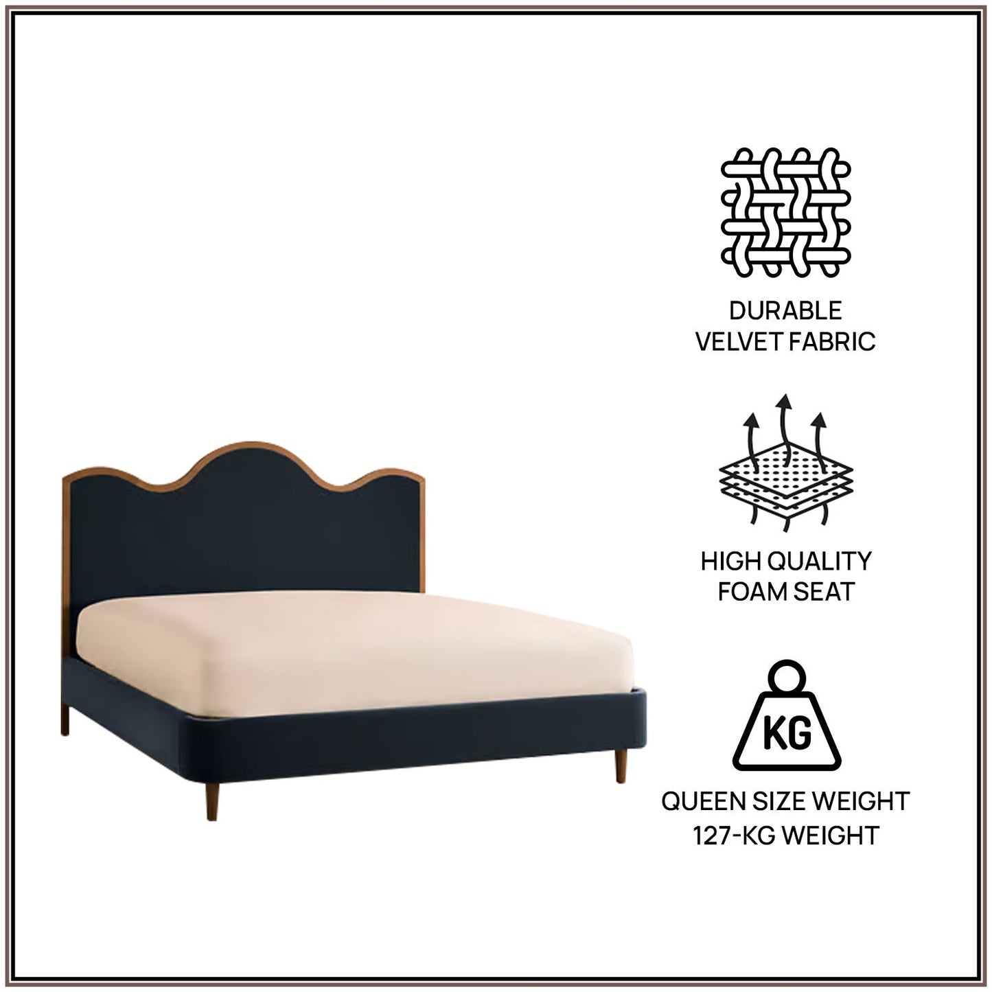 Solara Wave Luxe Queen Size Bed in Royal Blue Velvet with Oak wood Frame & Hydraulic Storage