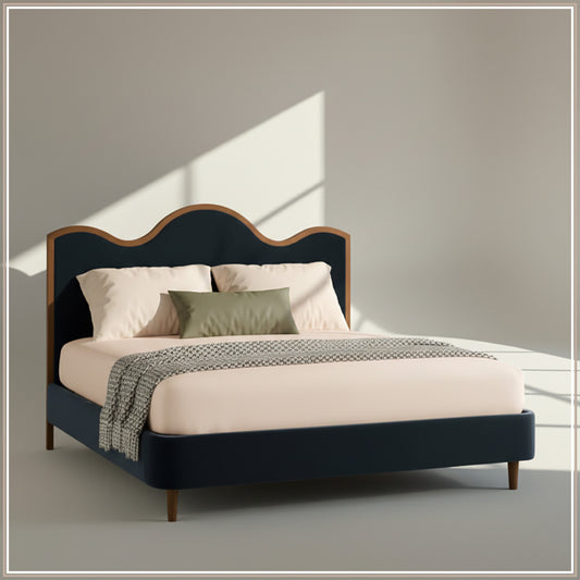 Solara Wave Luxe Queen Size Bed in Royal Blue Velvet with Oak wood Frame & Hydraulic Storage