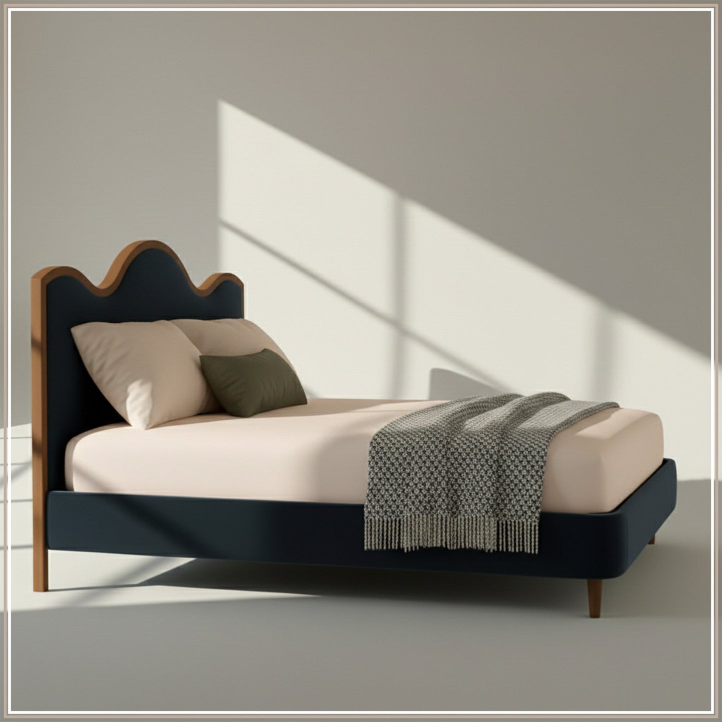 Solara Wave Luxe King Size Bed in Royal Blue Velvet with Oak wood Frame & Hydraulic Storage