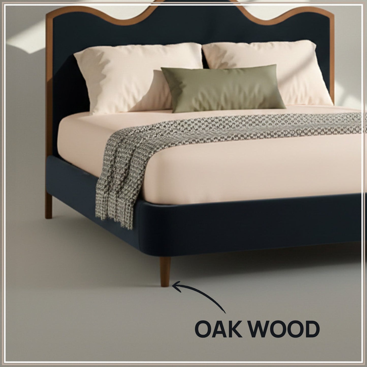 Solara Wave Luxe King Size Bed in Royal Blue Velvet with Oak wood Frame & Hydraulic Storage