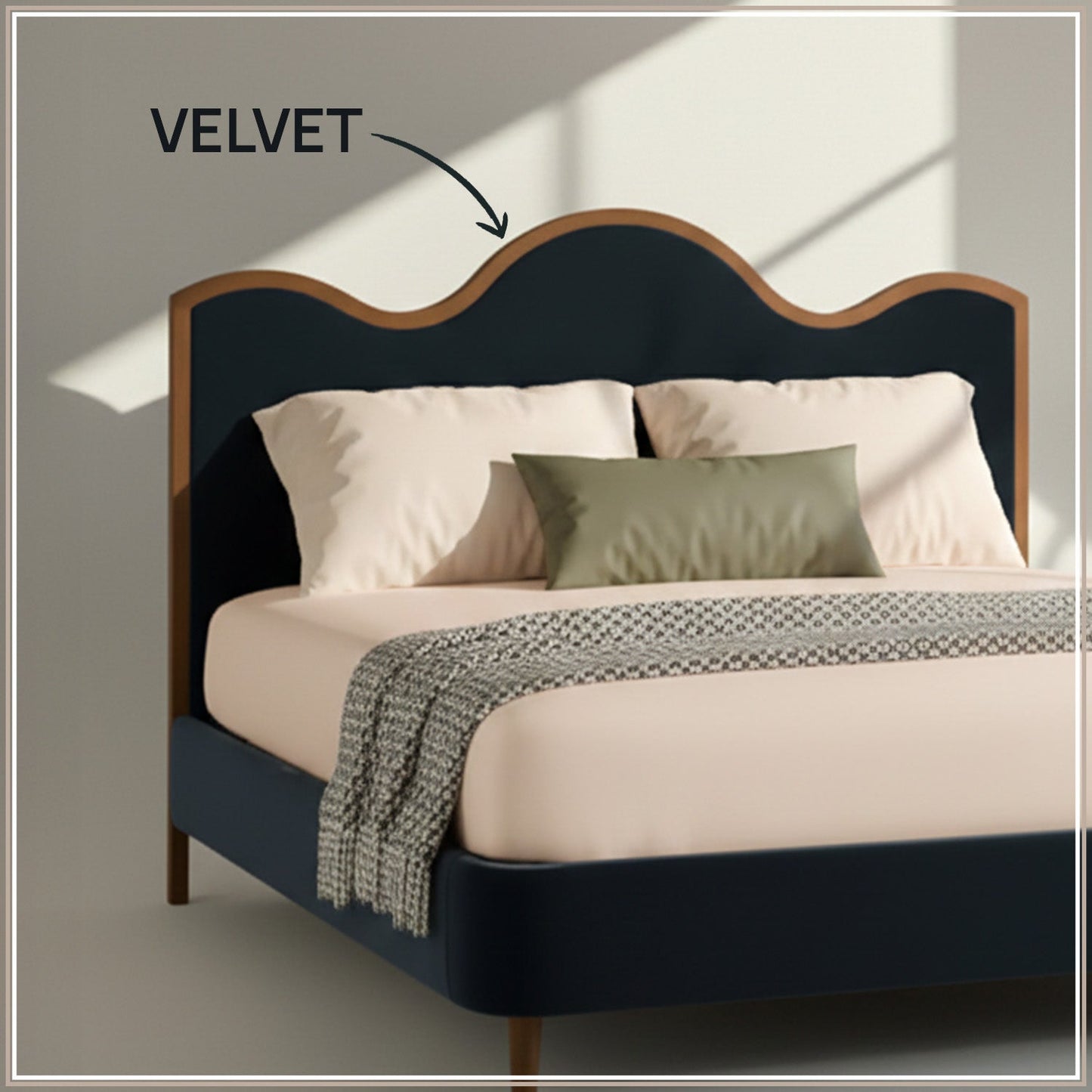 Solara Wave Luxe King Size Bed in Royal Blue Velvet with Oak wood Frame & Hydraulic Storage