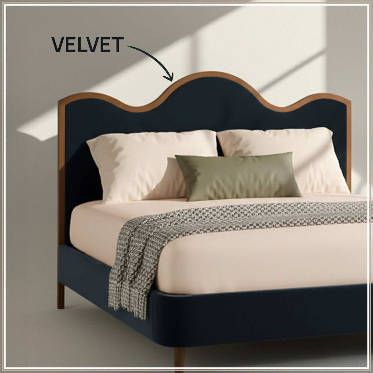 Solara Wave Luxe King Size Bed in Royal Blue Velvet with Oak wood Frame & Hydraulic Storage