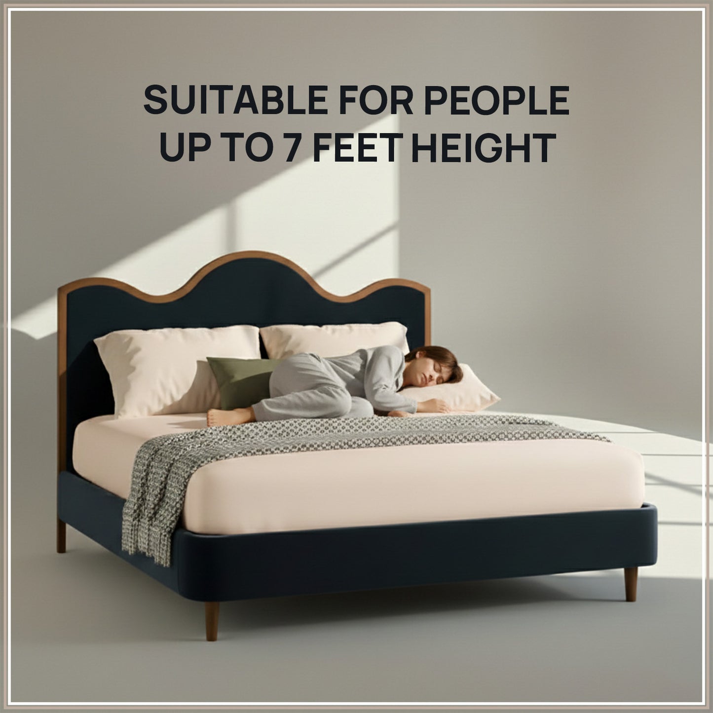 Solara Wave Luxe King Size Bed in Royal Blue Velvet with Oak wood Frame & Hydraulic Storage