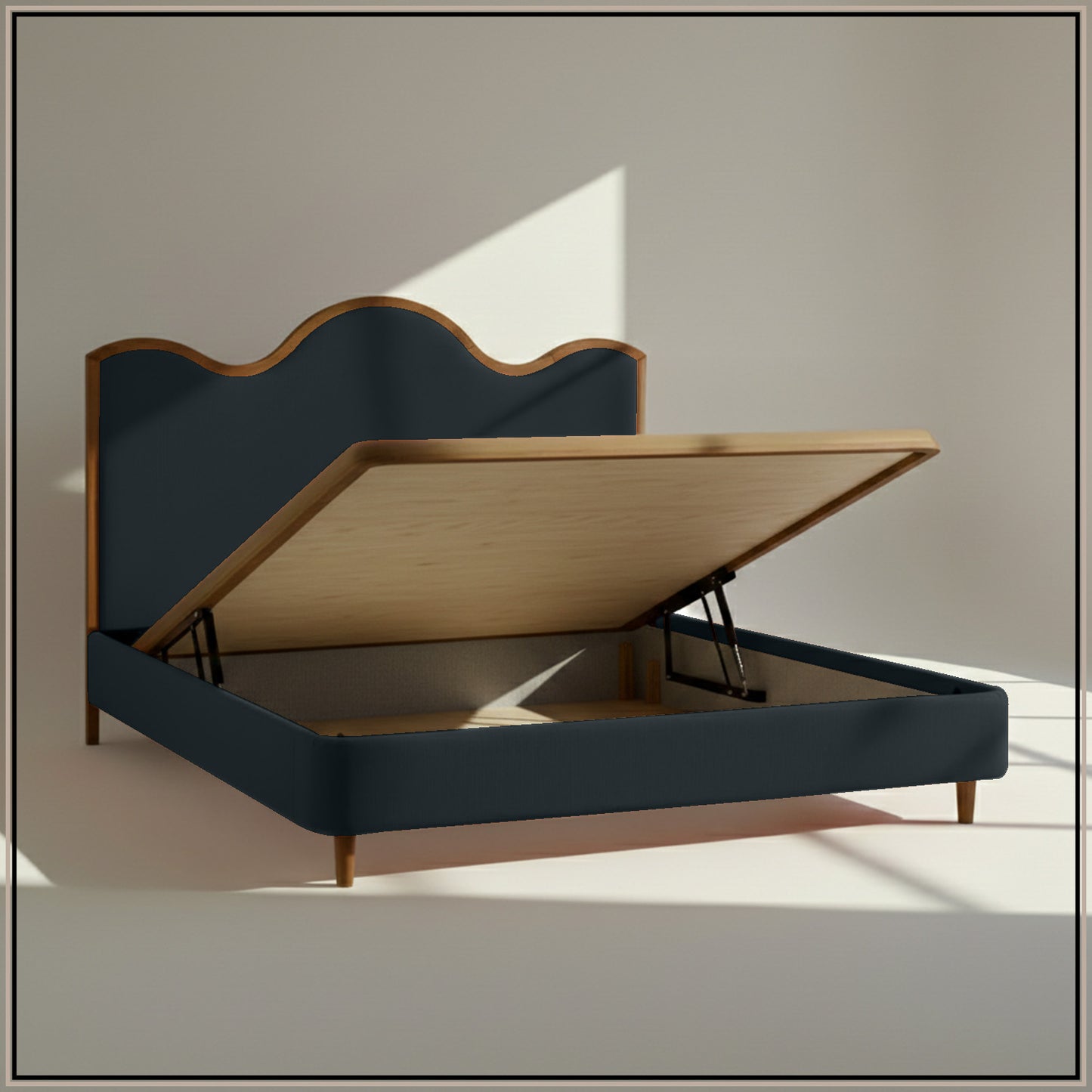 Solara Wave Luxe King Size Bed in Royal Blue Velvet with Oak wood Frame & Hydraulic Storage