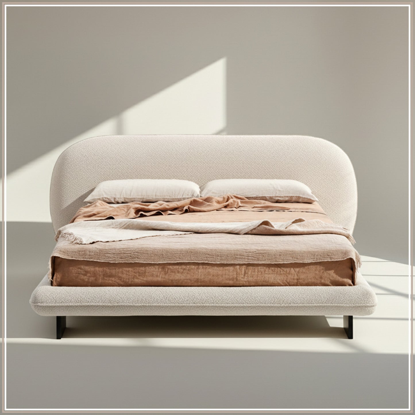 Aeris Cloudline Queen Size Bed in Ivory Boucle with Oak wood Frame