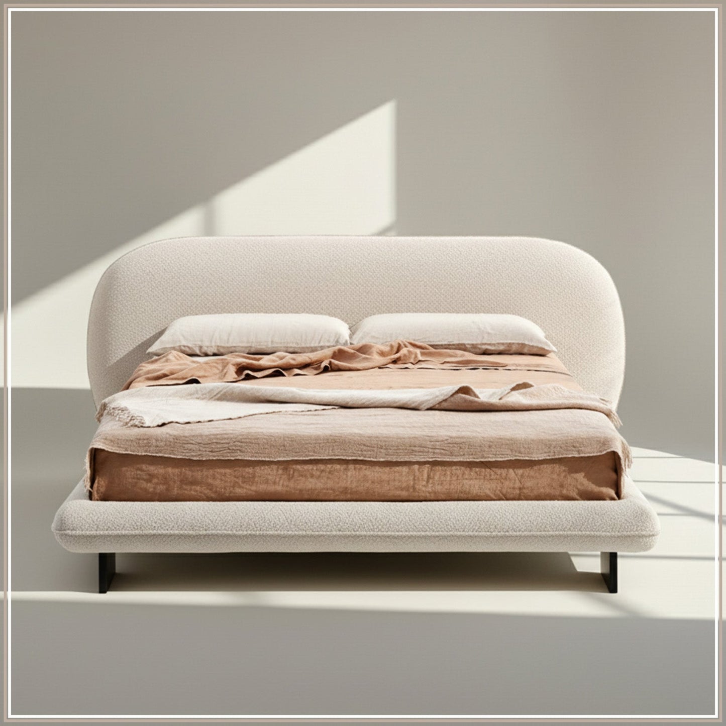 Aeris Cloudline Queen Size Bed in Ivory Boucle with Oak wood Frame
