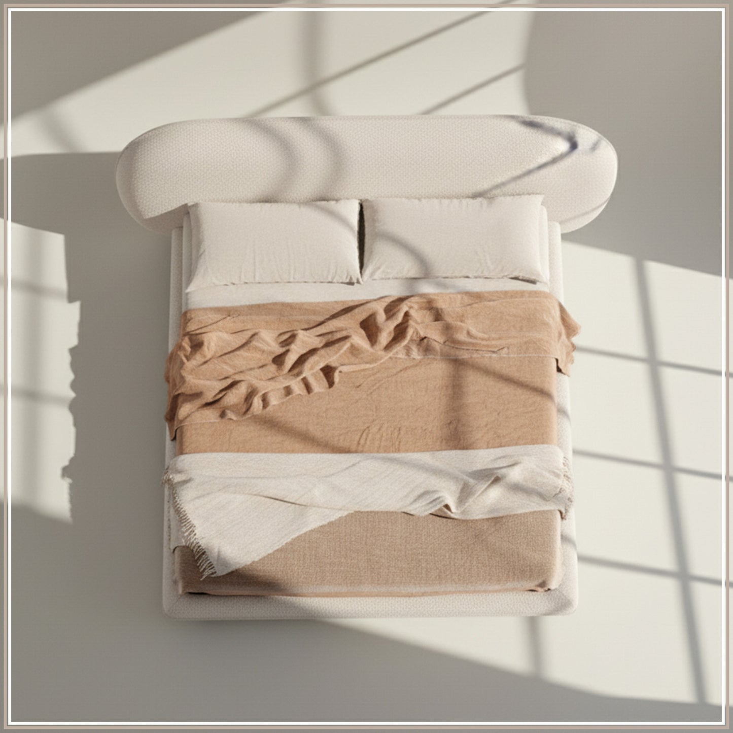 Aeris Cloudline Queen Size Bed in Ivory Boucle with Oak wood Frame