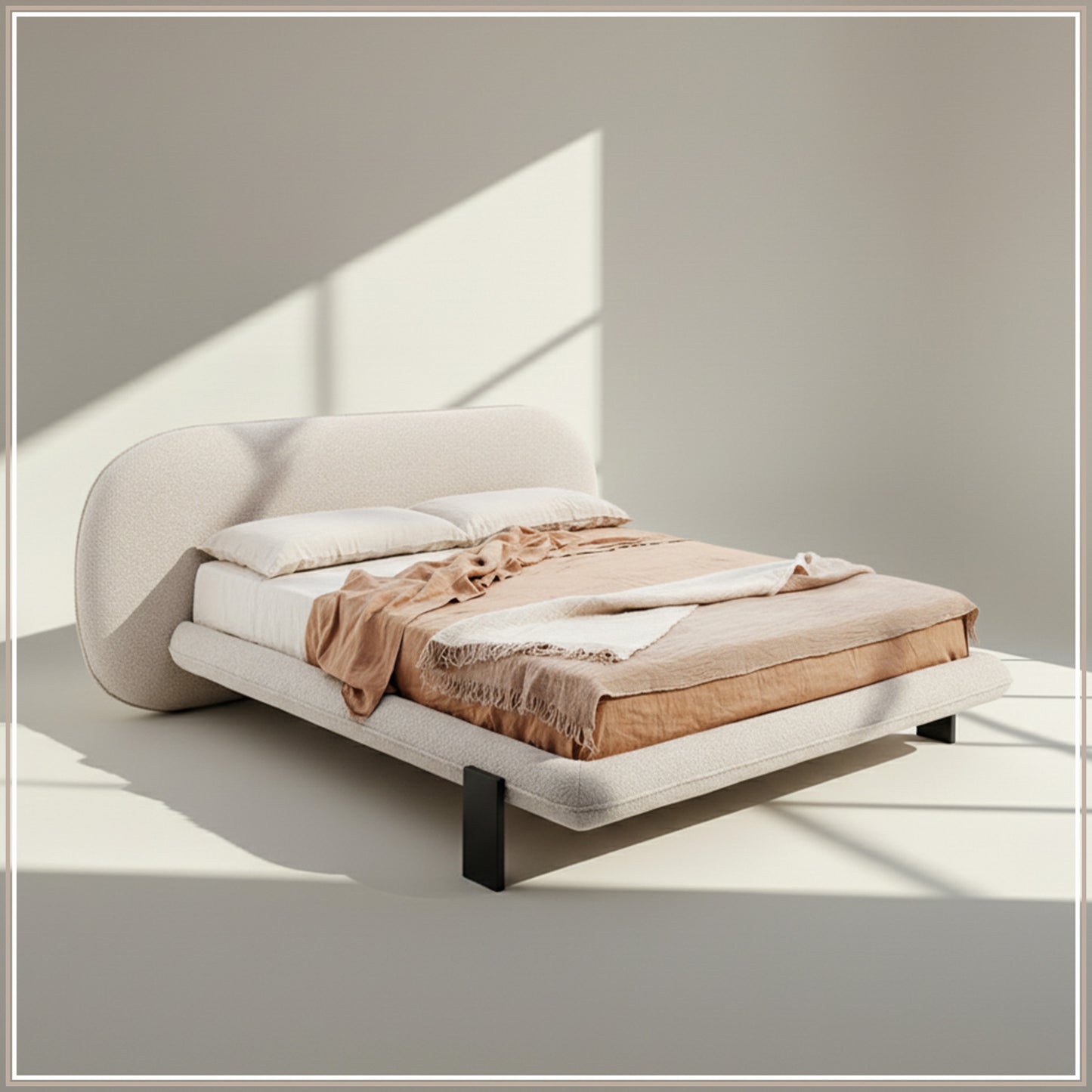 Aeris Cloudline Queen Size Bed in Ivory Boucle with Oak wood Frame