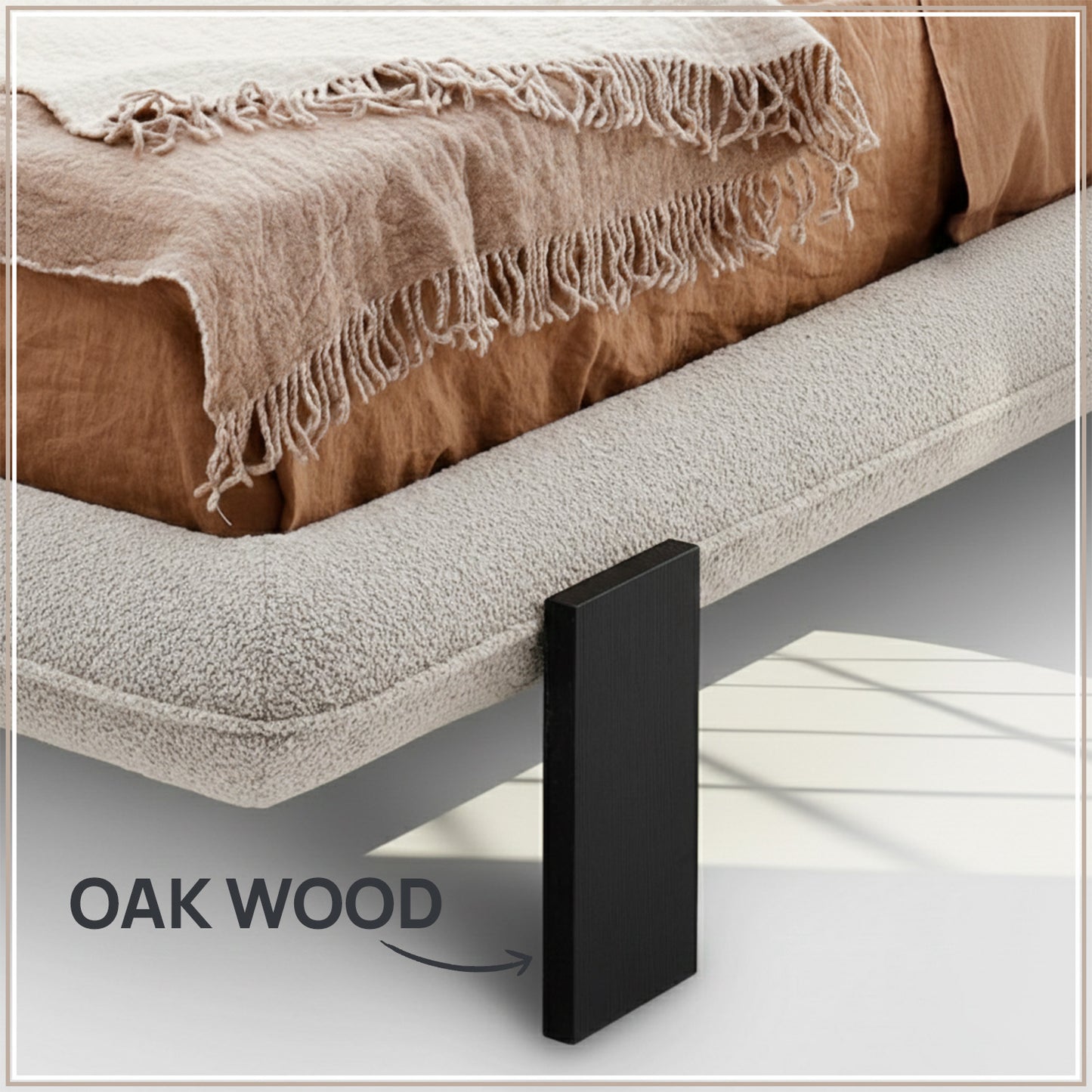 Aeris Cloudline Queen Size Bed in Ivory Boucle with Oak wood Frame