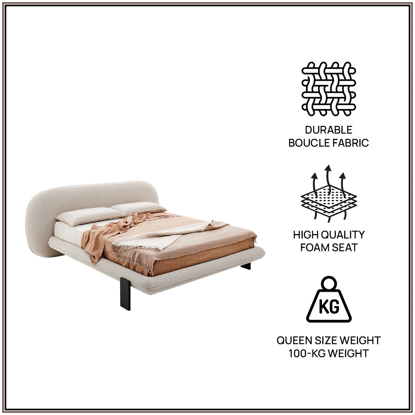 Aeris Cloudline Queen Size Bed in Ivory Boucle with Oak wood Frame