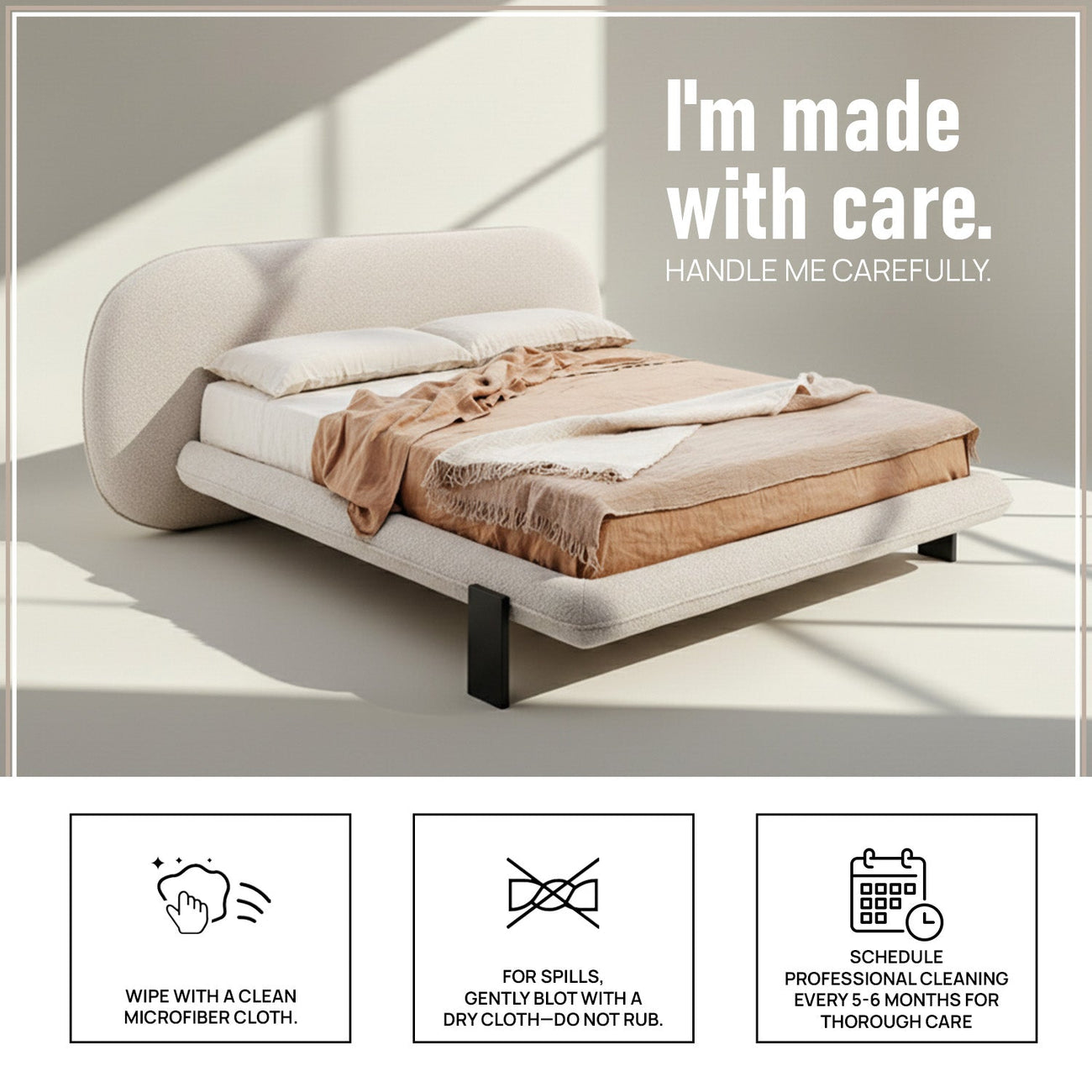 Aeris Cloudline Queen Size Bed in Ivory Boucle with Oak wood Frame