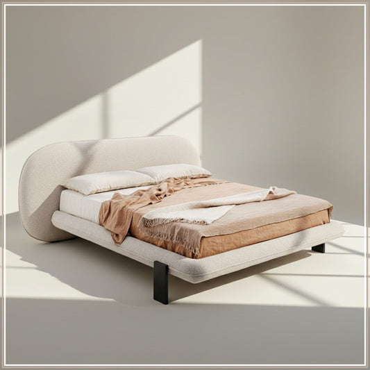 Aeris Cloudline Queen Size Bed in Ivory Boucle with Oak wood Frame
