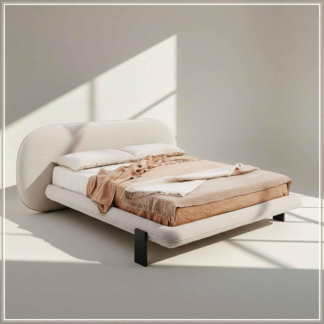 Aeris Cloudline Queen Size Bed in Ivory Boucle with Oak wood Frame