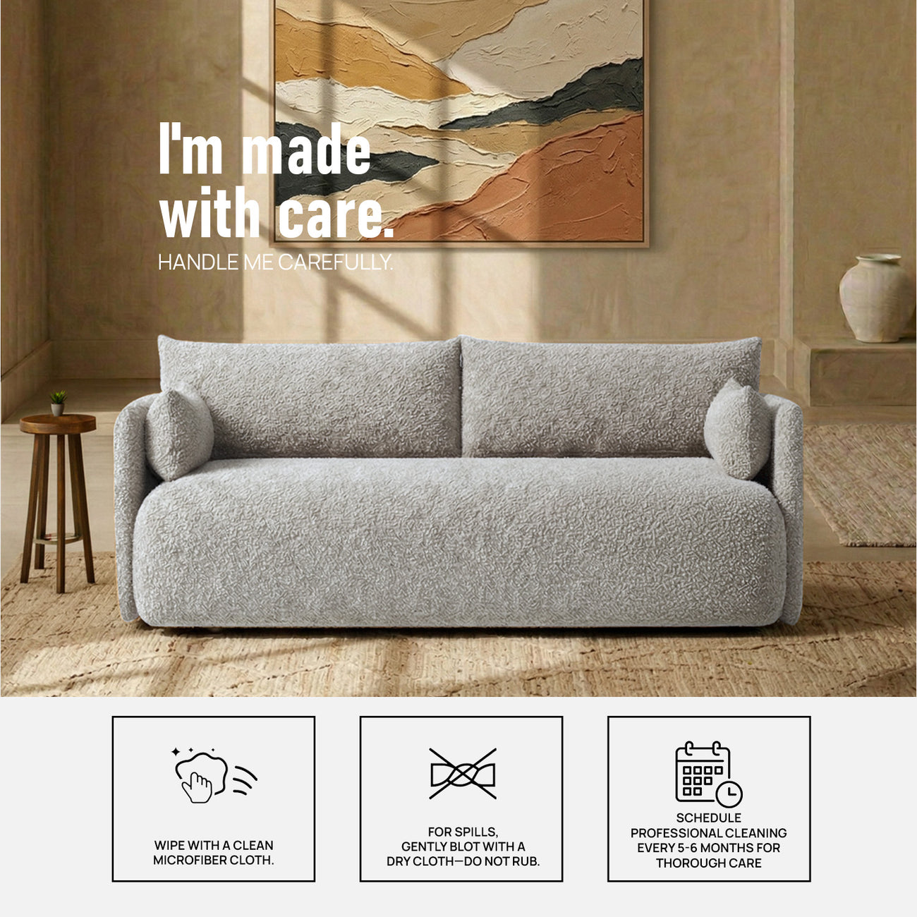 CozyChic Ash Grey Boucle 3 Seater Sofa