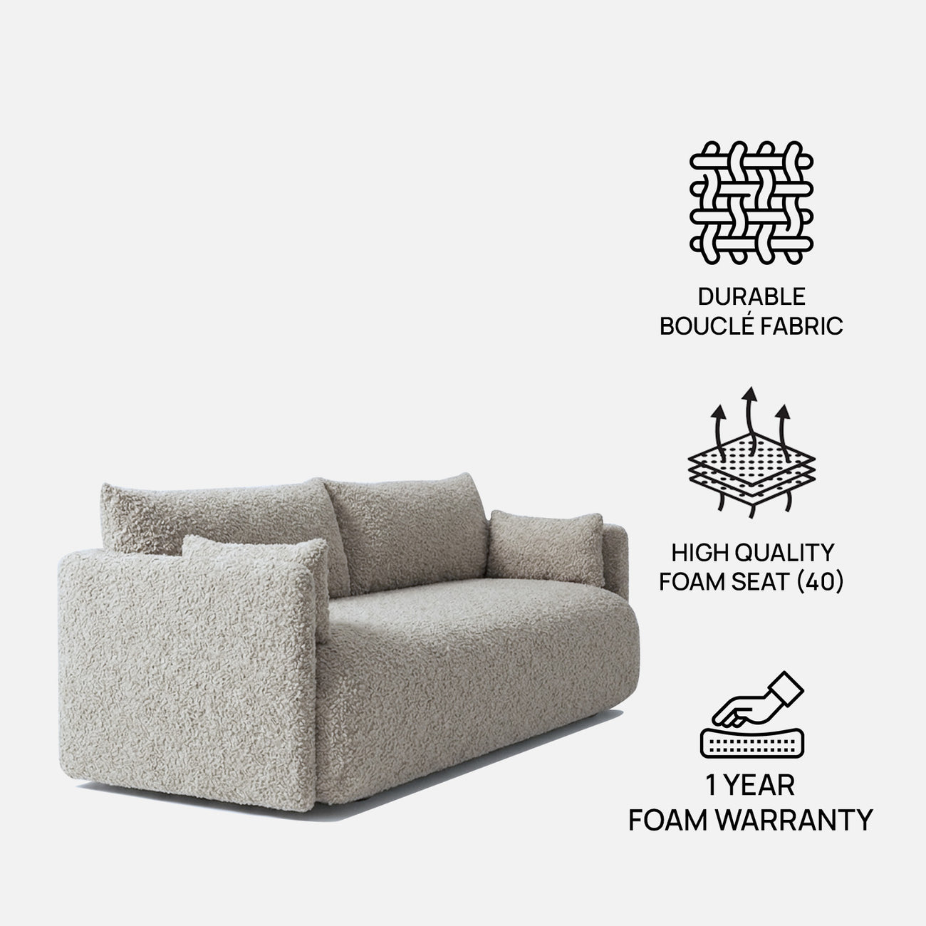 CozyChic Ash Grey Boucle 3 Seater Sofa