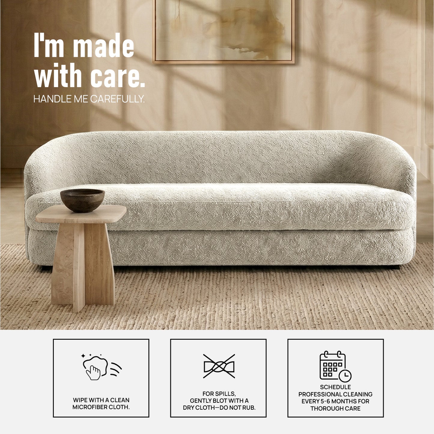 ElegantEnsemble Creme Boucle 3 Seater Sofa