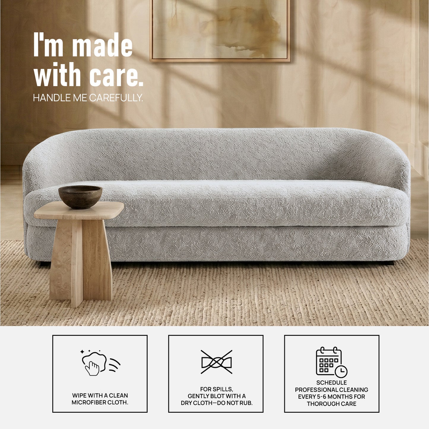ElegantEnsemble Beige Boucle 3 Seater Sofa