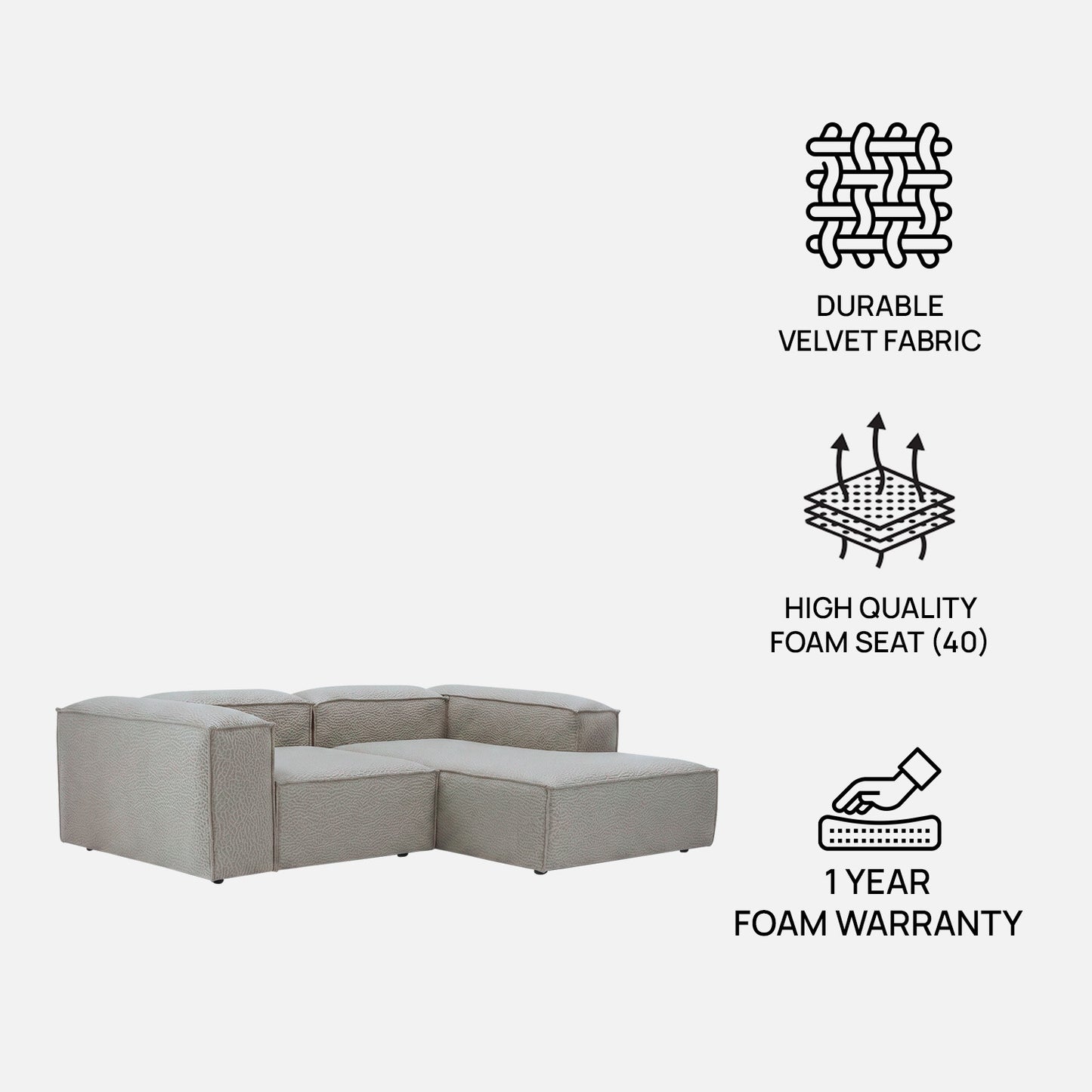 Elegant Edge 2 Seater Versatile, Comfortable Light Grey L Shaped Sofa