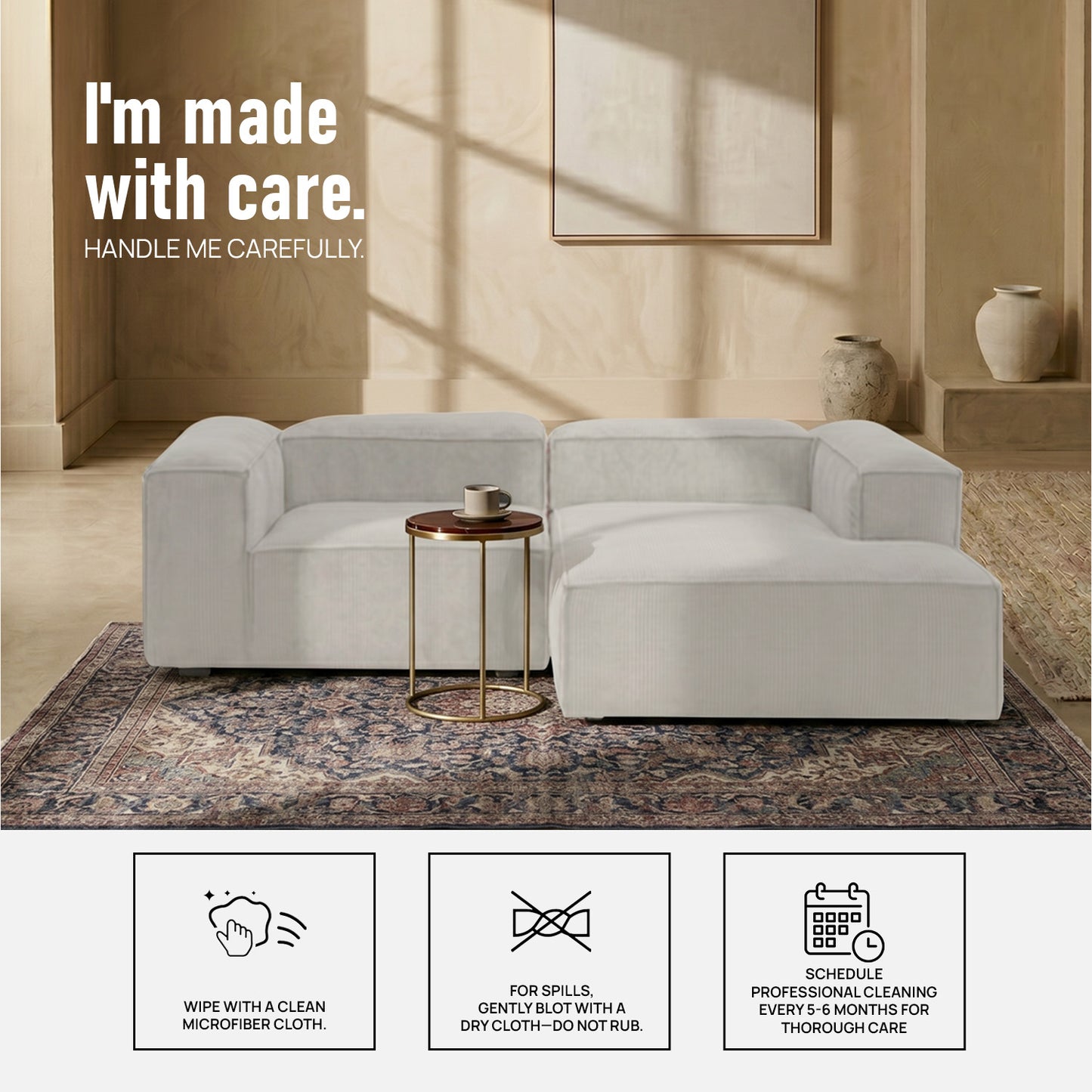 ElegantEdge 2 Seater Versatile Corduroy Creme L Shaped Sofa