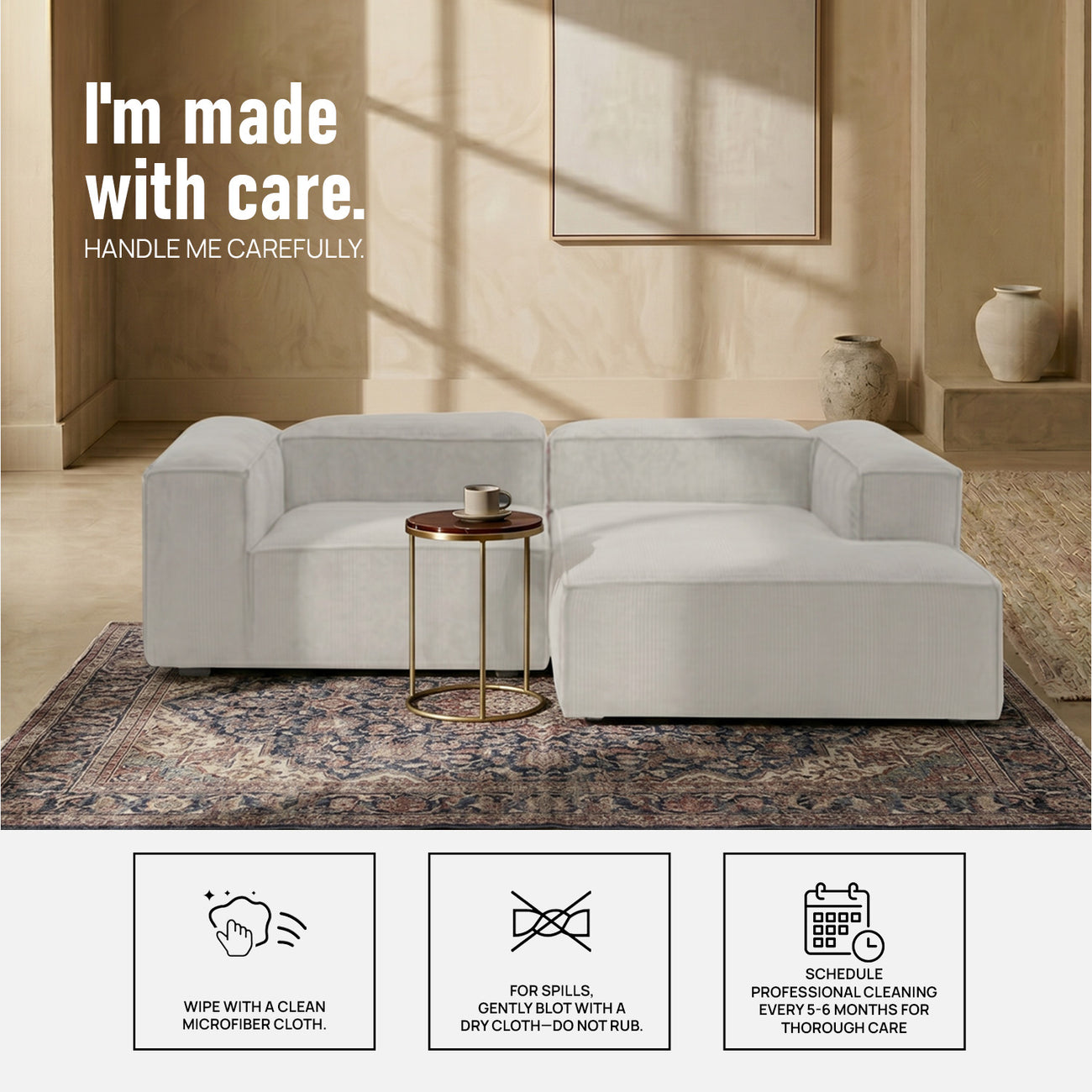 ElegantEdge 2 Seater Versatile Corduroy Creme L Shaped Sofa