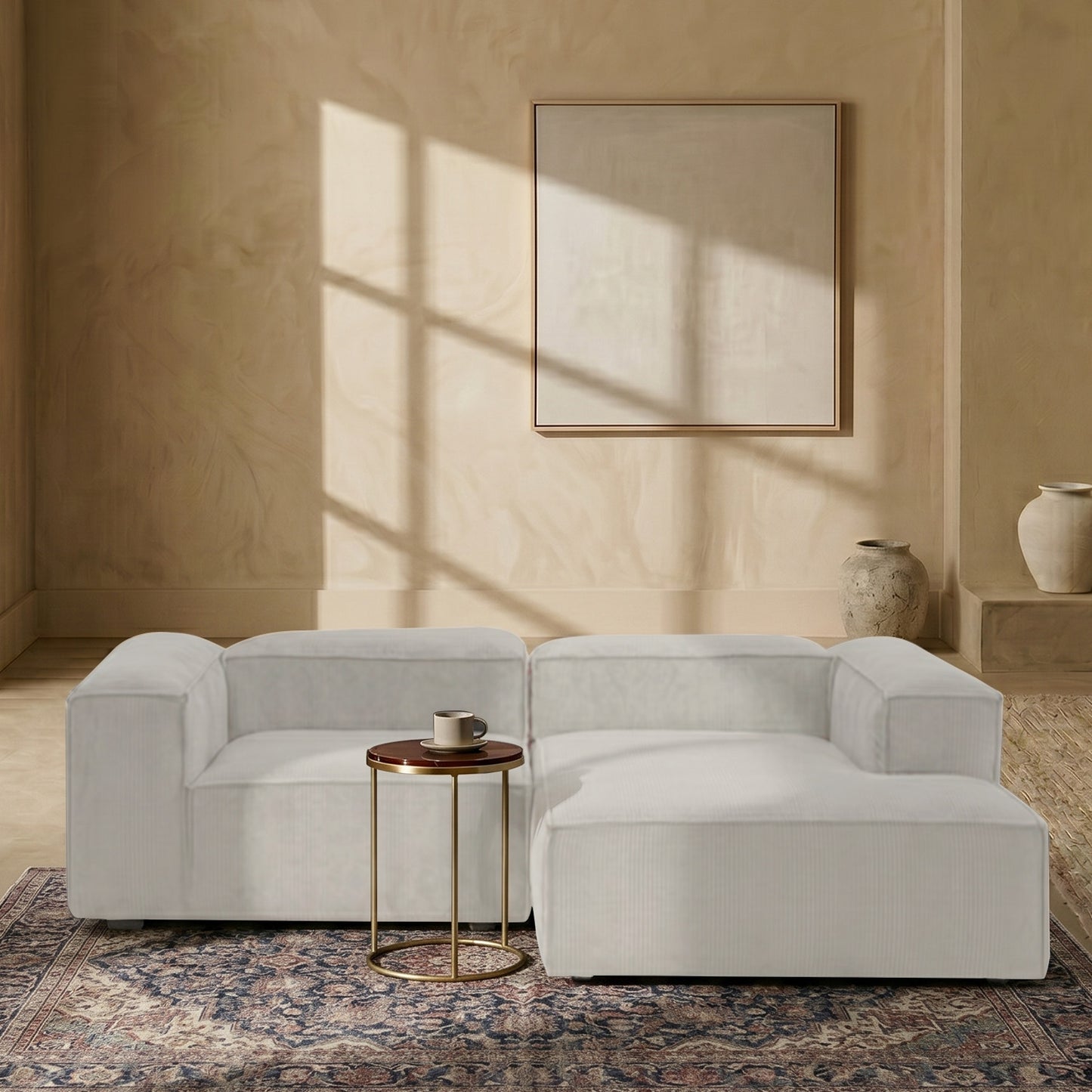ElegantEdge 2 Seater Versatile Corduroy Creme L Shaped Sofa