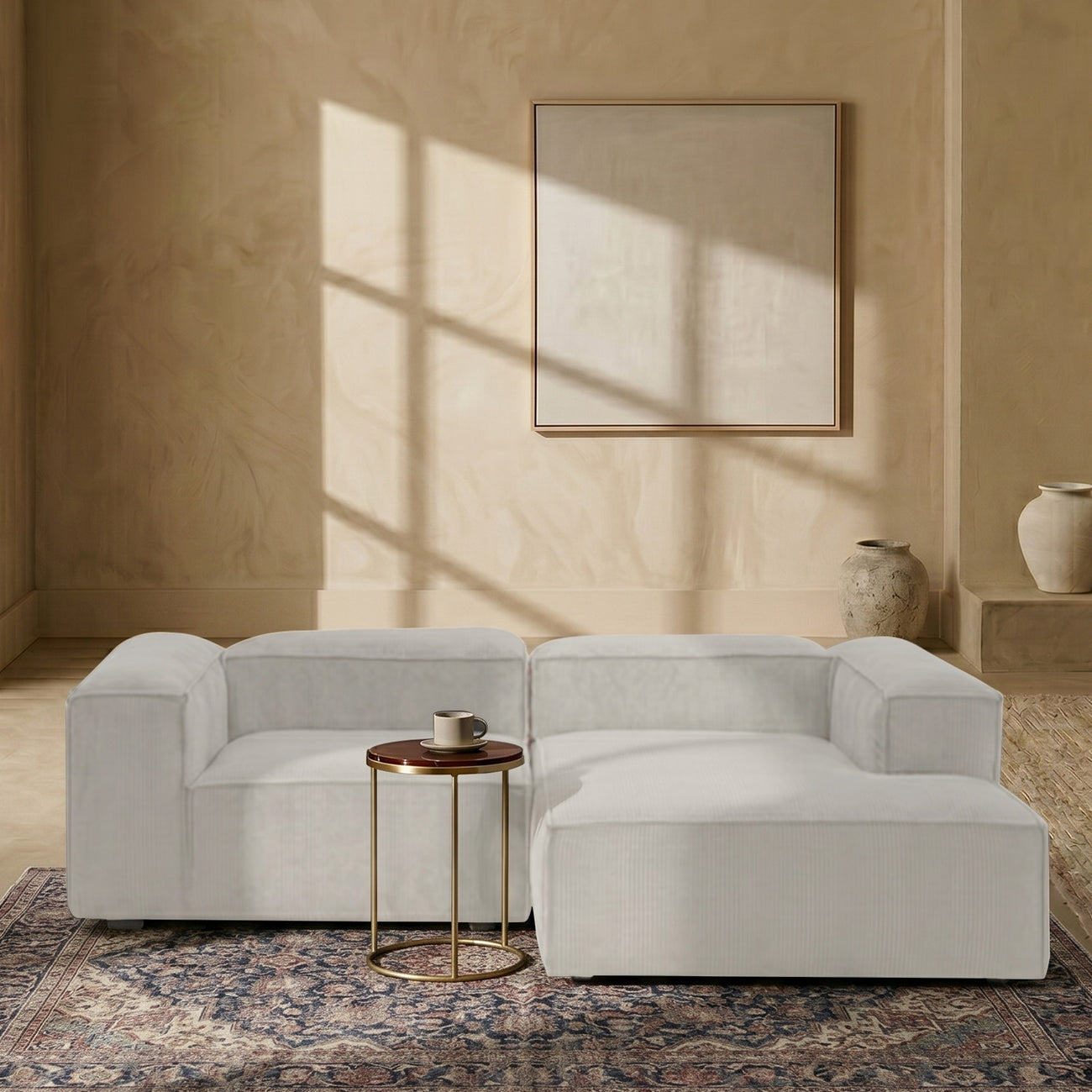 ElegantEdge 2 Seater Versatile Corduroy Creme L Shaped Sofa