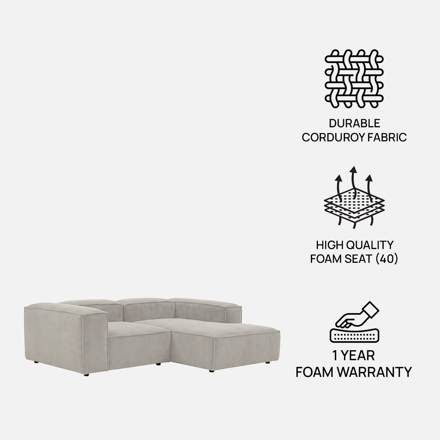 ElegantEdge 2 Seater Versatile Corduroy Creme L Shaped Sofa