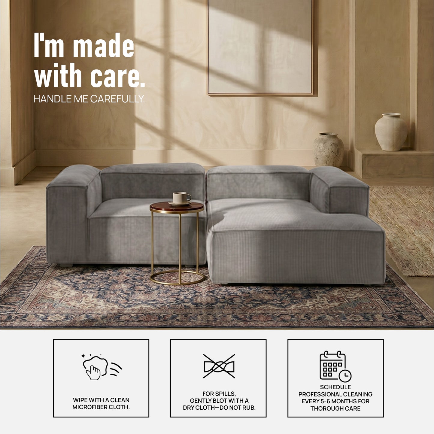 ElegantEdge 2 Seater Versatile Corduroy Grey L Shaped Sofa