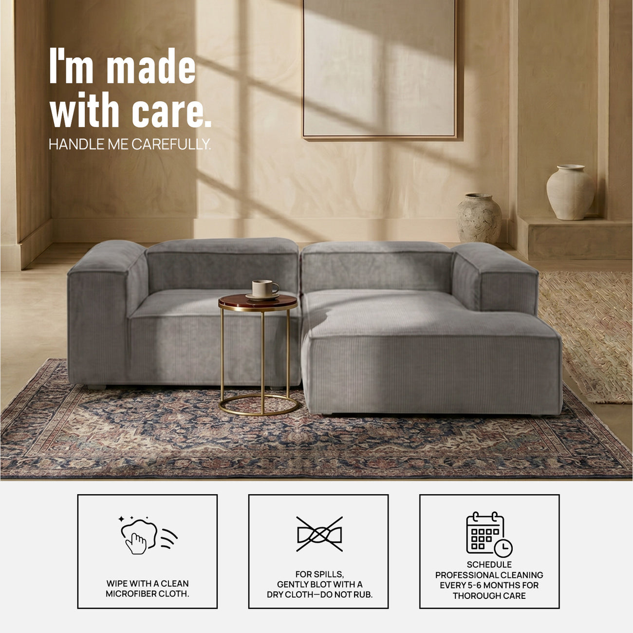 ElegantEdge 2 Seater Versatile Corduroy Grey L Shaped Sofa