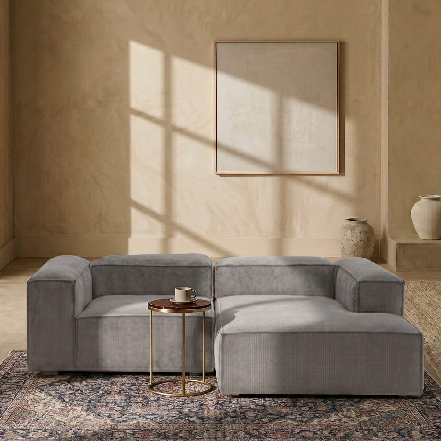 ElegantEdge 2 Seater Versatile Corduroy Grey L Shaped Sofa