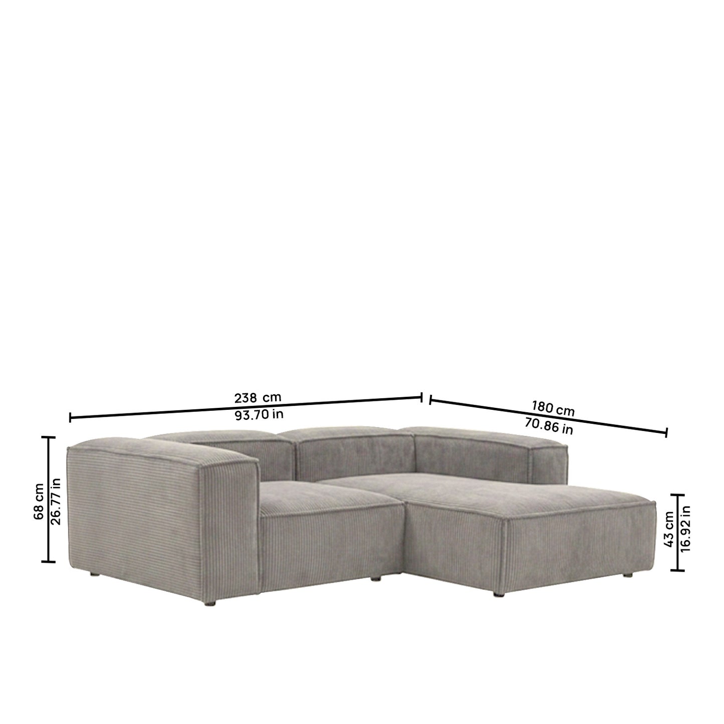 ElegantEdge 2 Seater Versatile Corduroy Grey L Shaped Sofa