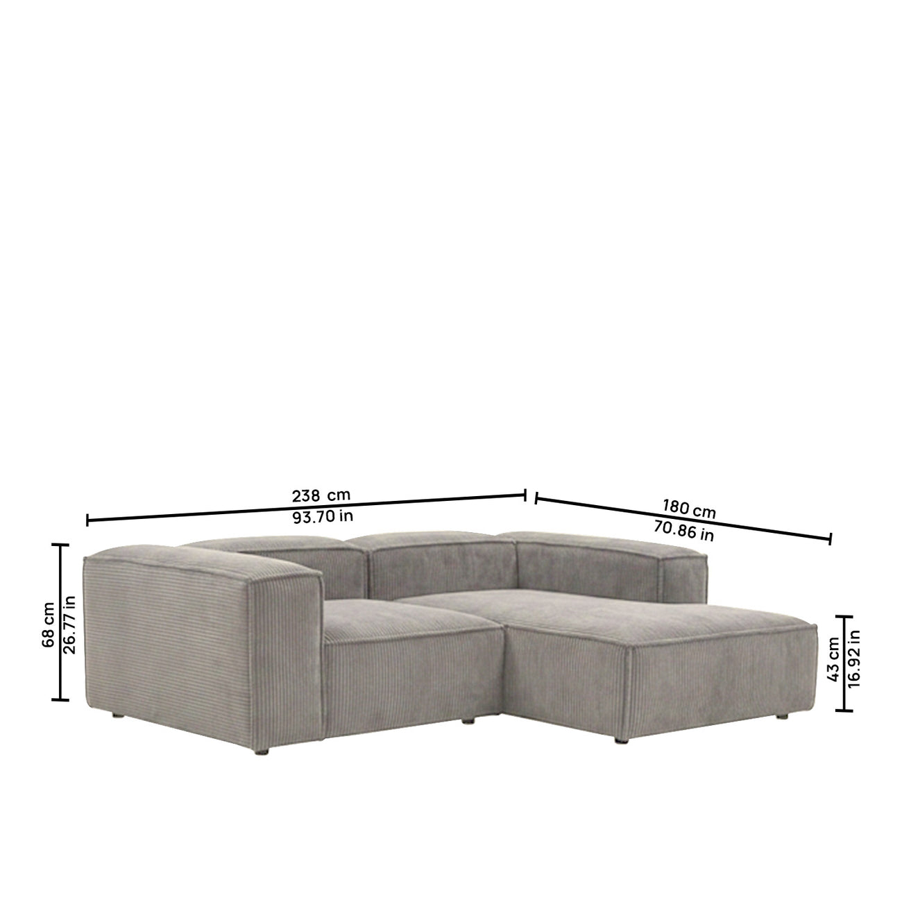 ElegantEdge 2 Seater Versatile Corduroy Grey L Shaped Sofa