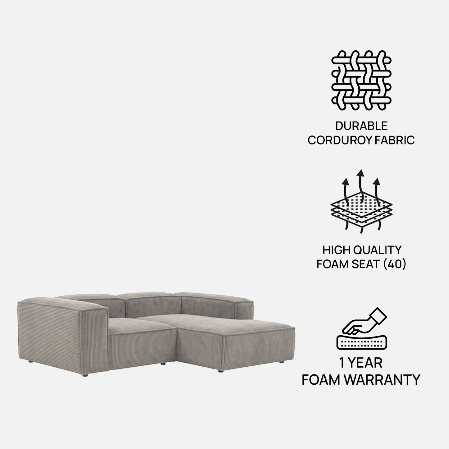 ElegantEdge 2 Seater Versatile Corduroy Grey L Shaped Sofa